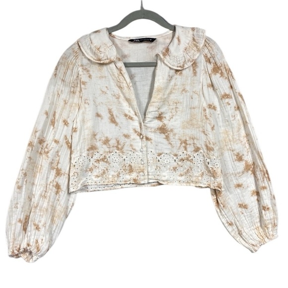 Zara Tie Dye Gauze Eyelet Boho Peasant Blouse Size XS Crop Peter Pan Collar - Picture 1 of 7